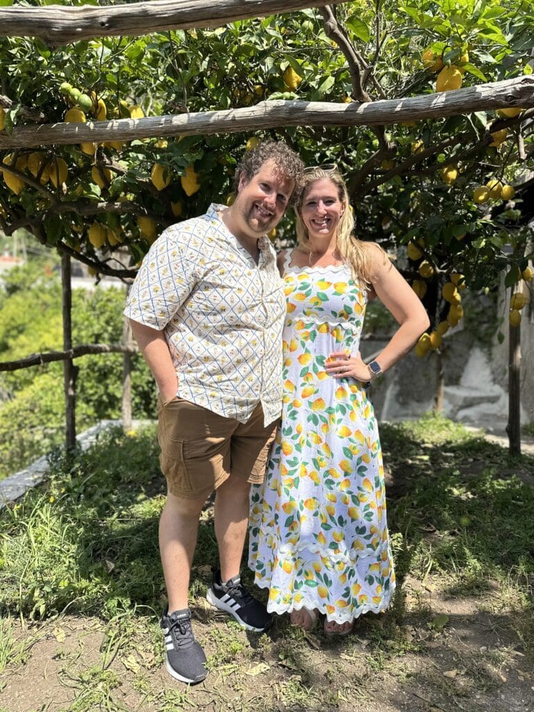 a couple embracing while wearing lemon clothing