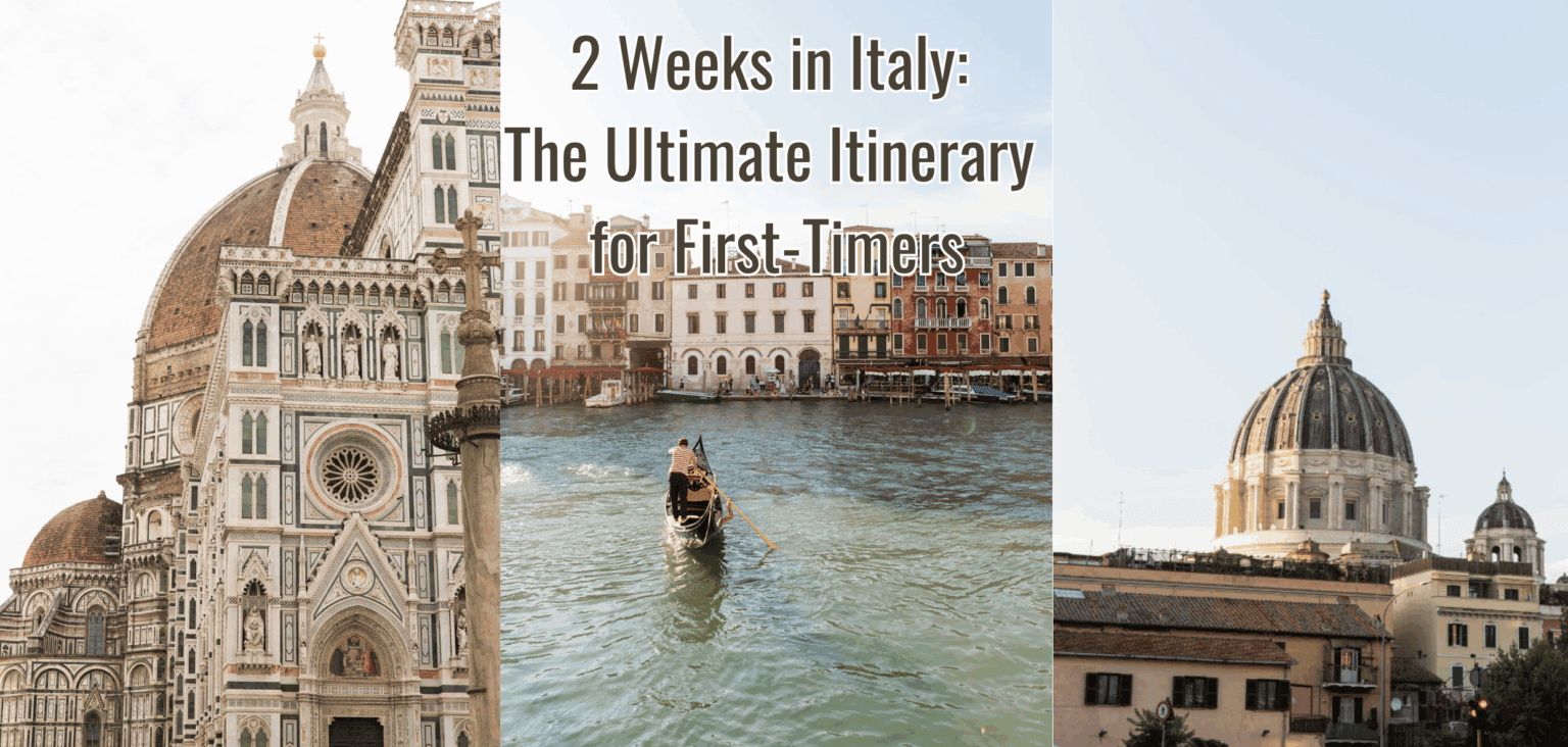 This image contains a photo of a church in Florence, a gondola in Venice, and the Vatican in Rome