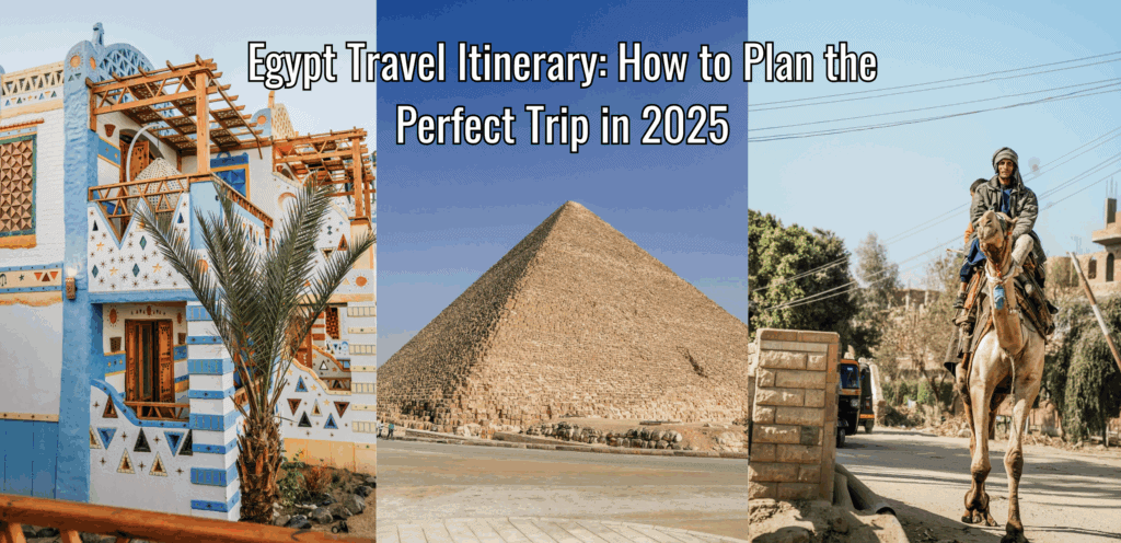 a colorful nubian villiage, the pyramids of Giza, and a man riding a camel