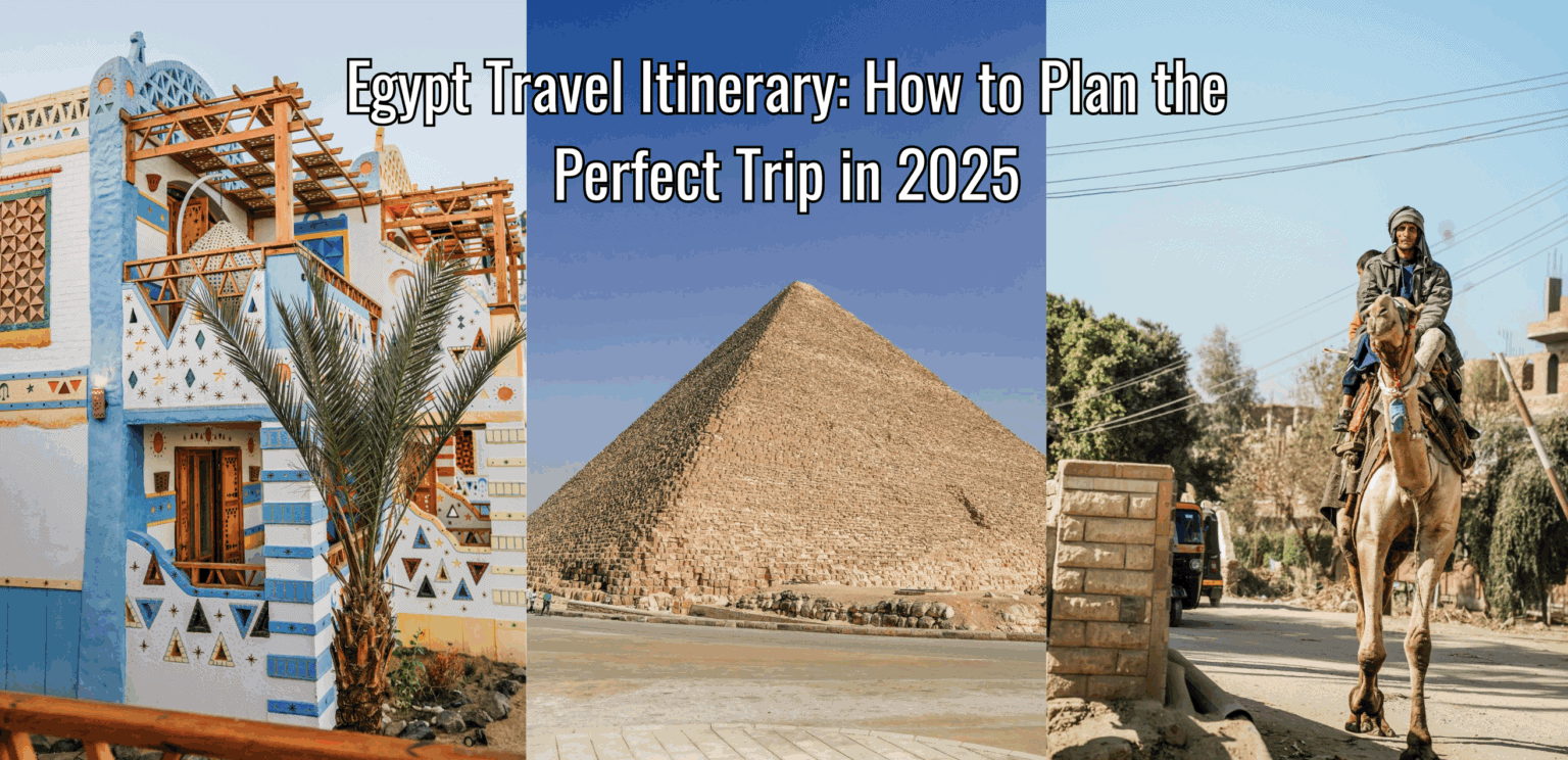 a colorful nubian villiage, the pyramids of Giza, and a man riding a camel