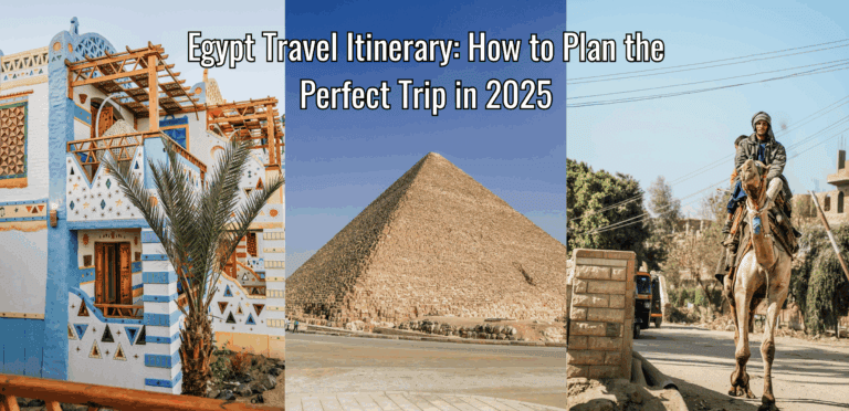 a colorful nubian villiage, the pyramids of Giza, and a man riding a camel