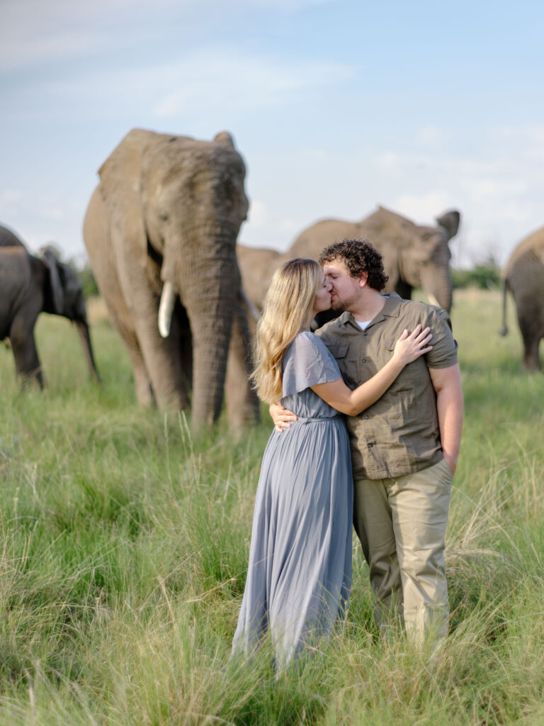 a couple kissing in front of an elephant
