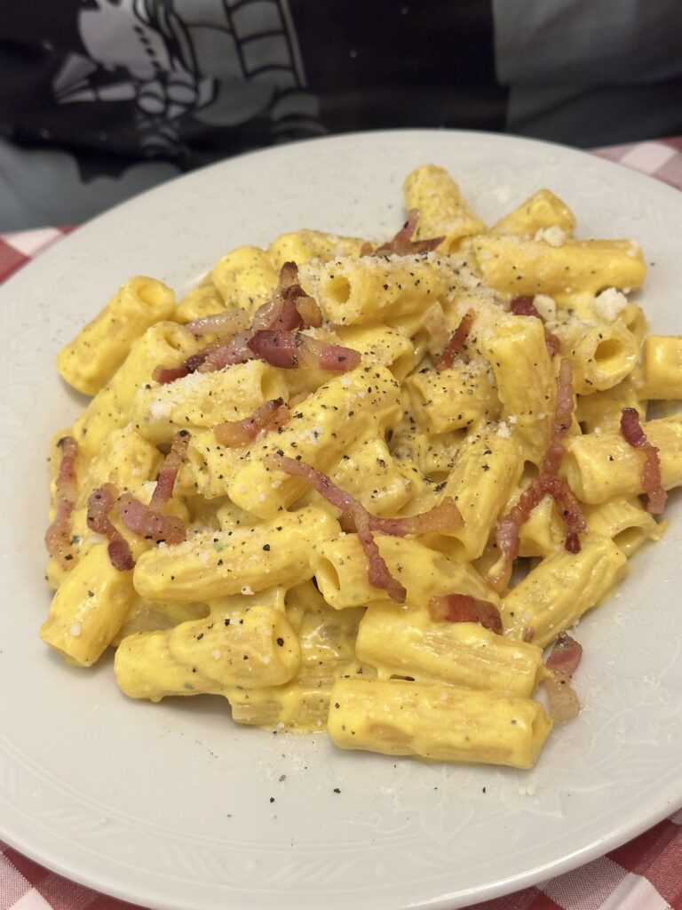 bacon carbonara on a table