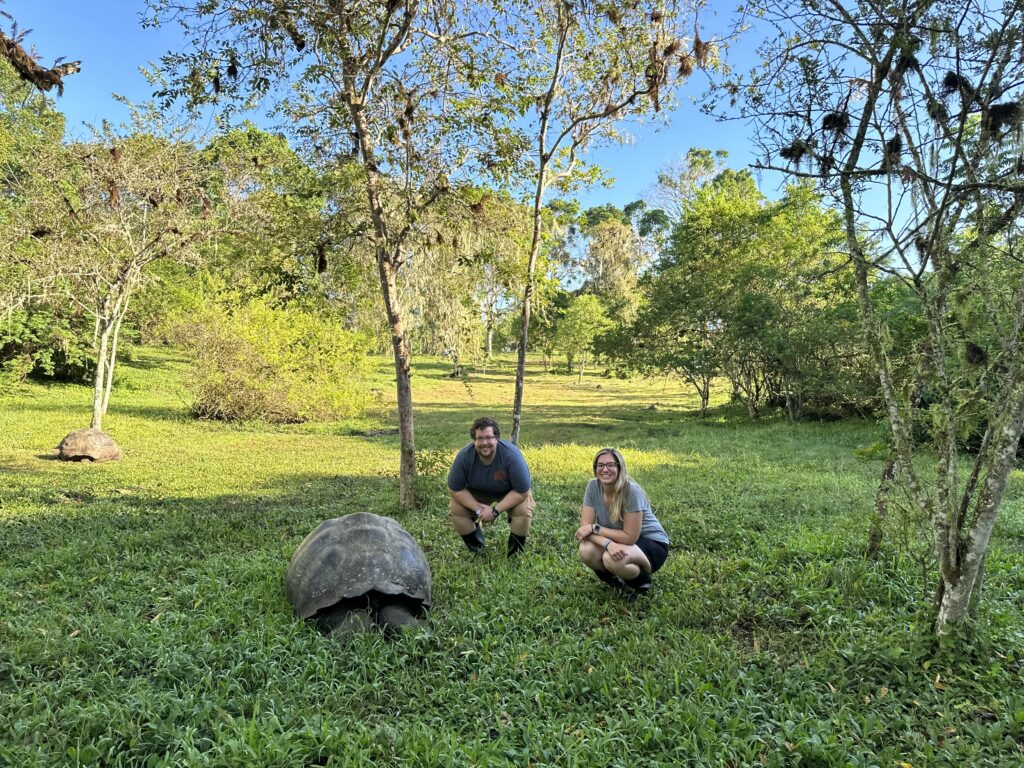 a couple squatting near a turtle