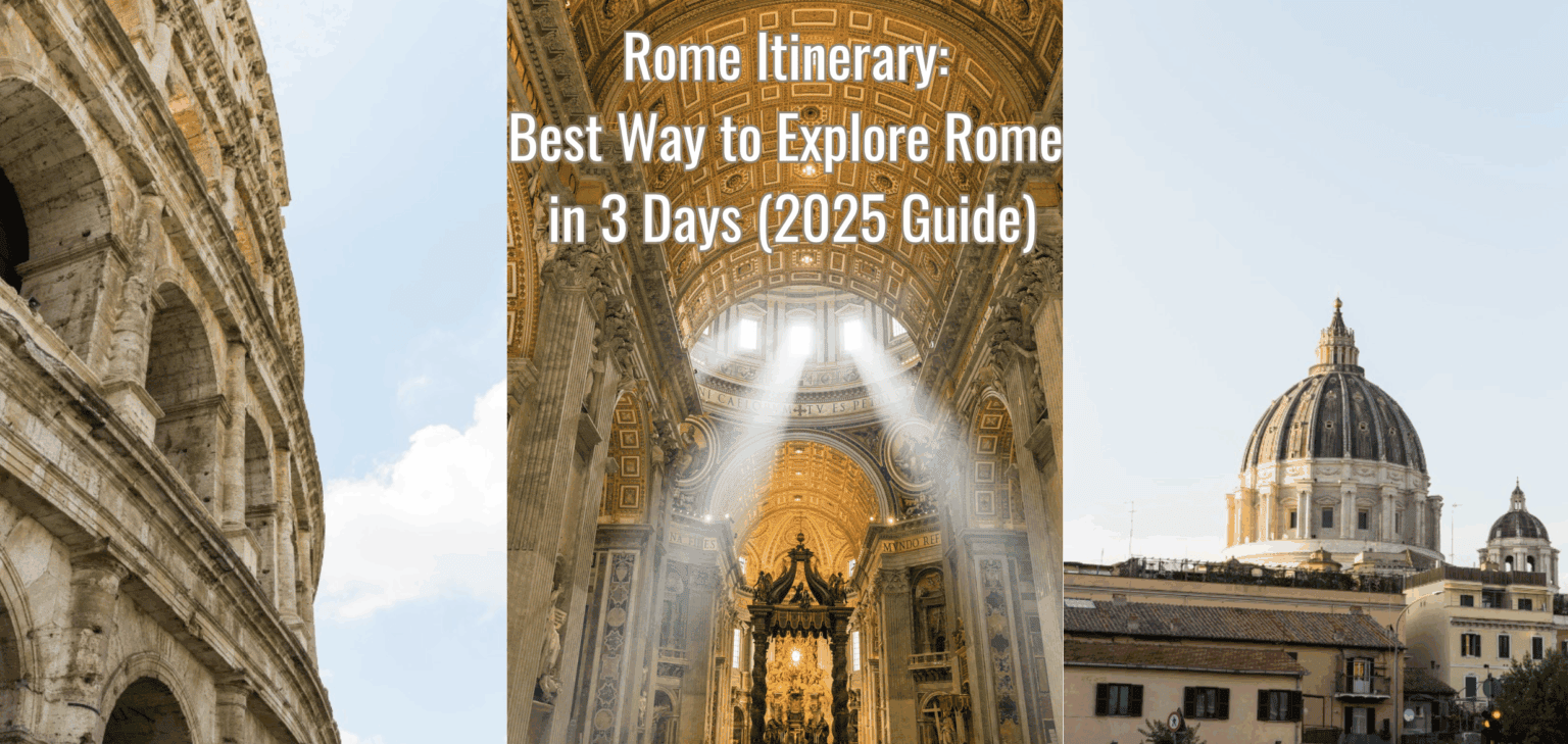 the roman coloseum, a catholic church, and the Vatican dome