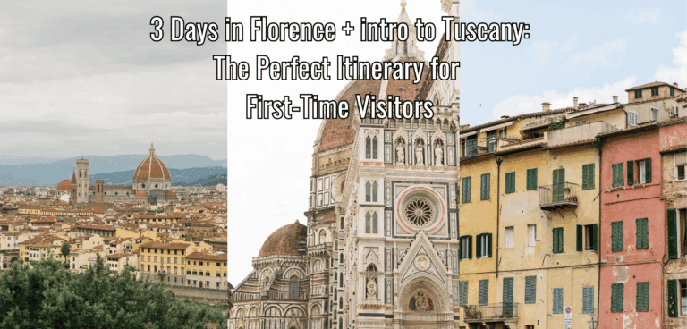 3 images combined; florence skyline, a duomo church, and the facade of houses
