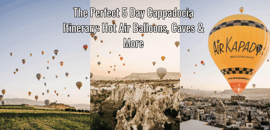 3 images: one of hot air balloons in the sky above grass, one of hot air balloons in the sky above rocks, one of a giant hot air balloon over a city