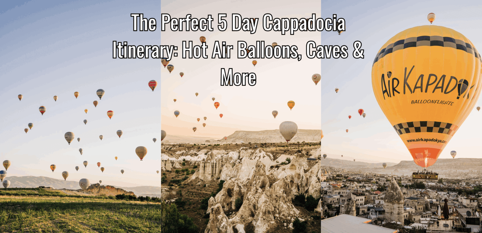 3 images: one of hot air balloons in the sky above grass, one of hot air balloons in the sky above rocks, one of a giant hot air balloon over a city