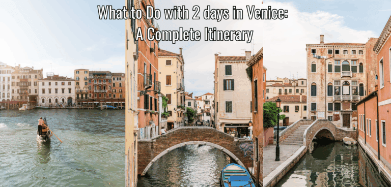 Gondola navigating Venice canals with historic colorful buildings and bridges.
